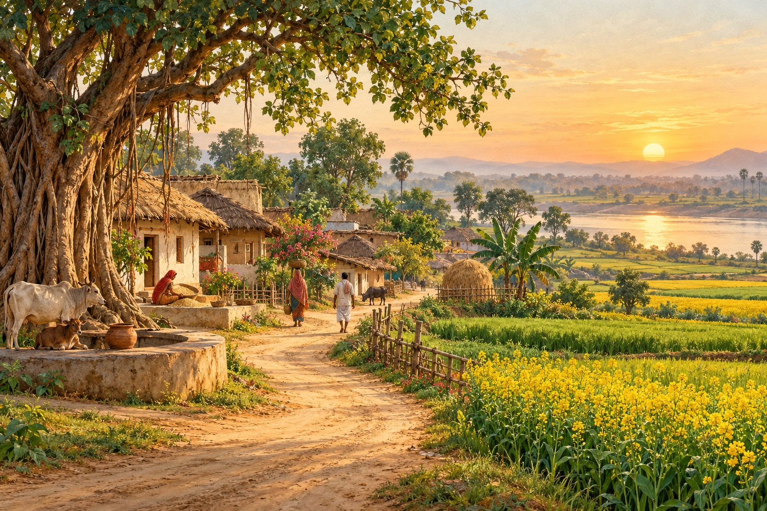 Illustration of a Bihar village with a banyan tree, mud homes, fields, a village path and a rising sun